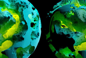3d render abstract art with parts of surreal damaged broken sphere ball asteroid stone object in metallic iron material in emerald green blue with fluorescent yellow color core on black background
