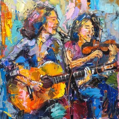 Vibrant abstract painting of a duo performing with a guitar and violin, capturing the energy and passion of live music