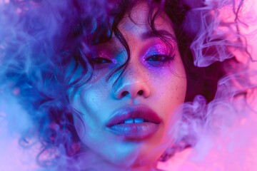 Mystical Portrait of a Young Woman with Vivid Makeup Surrounded by Colorful Smoke in a Dreamy Atmosphere