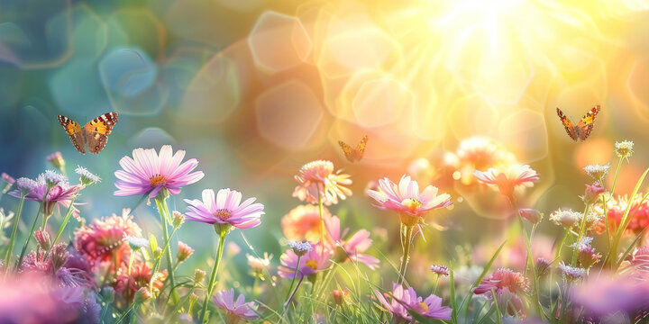 Fototapeta Beautiful spring meadow  background with grass, flowers and butterflies on a sunny day.  pink daisies and a purple butterfly in the sunlight. Spring concept banner design. Easter day. 