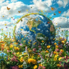 Earth day, Green planet earth with flowers around. World environment protection