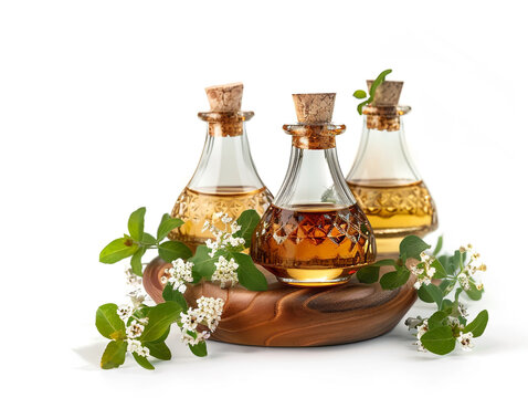 Patchouli oil in a beautiful glass containers. Isolated on white background. 