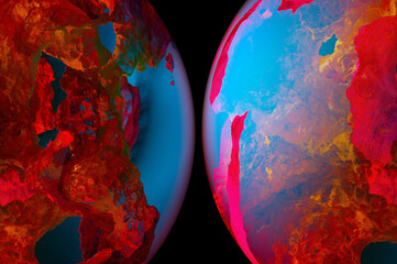 3d render abstract art half of 3d glass balls or spheres planets with translucent rough metal rock objects with big cracks in the middle with glowing mystic neon red blue magenta light inside on black