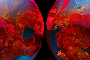 3d render abstract art half of 3d glass balls or spheres planets with translucent rough metal rock objects with big cracks in the middle with glowing mystic neon red blue magenta light inside on black