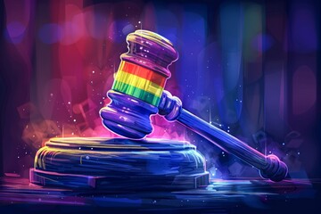 Colorful Rainbow Painted Judge Gavel on Stand with Vibrant Lights Symbol of LGBTQ Rights and Justice