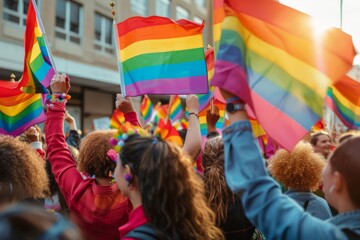 Vibrant Pride Parade Celebration with Rainbow Flags and Joyful Crowd Engaging in LGBTQ Rights March