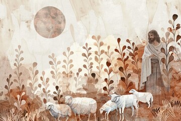 Jesus Leaves the 99 sheeps simplicity and beauty of the miracle Christian Faith - obrazy, fototapety, plakaty