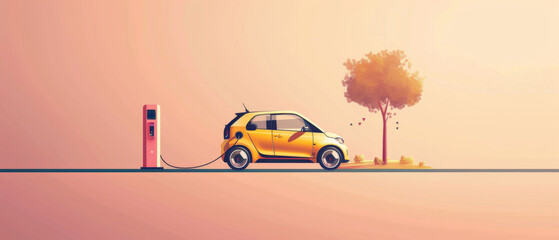 A contemporary yellow electric car plugged into a charging station, set against a minimalist pastel backdrop with a lone tree.