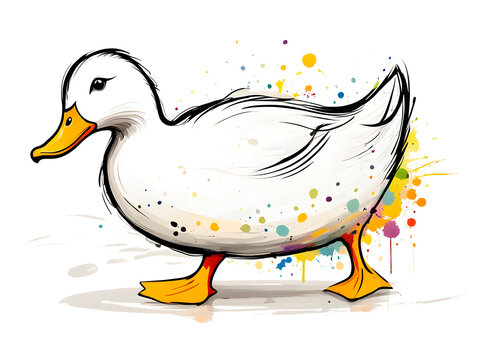 The painting of colorful ducks, domestic ducks, and wild ducks on a splashing white background


