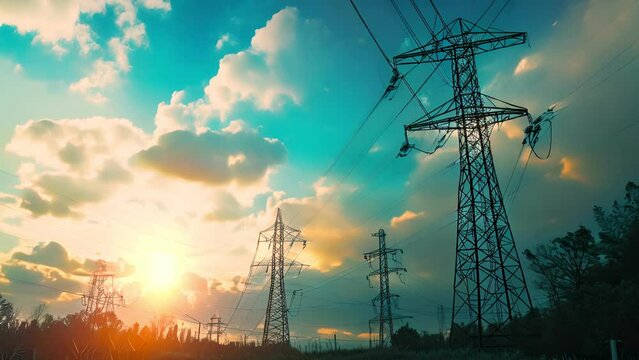 Electricity transmission towers with orange glowing wires the starry night sky. Energy infrastructure concept, energy, electricity, voltage, supply
