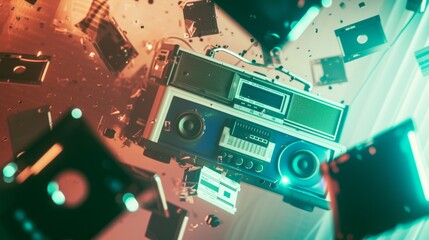 A retro boombox and cassettes seem to be suspended mid-explosion, surrounded by vibrant, chaotic energy in a neon ambiance.