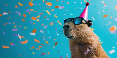 A capybara dressed in a party hat and sunglasses amid falling confetti on a blue background. Happy Birthday, carnival, New Year's eve, sylvester or other festive celebration, funny animals card