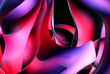 3d render abstract art of surreal 3d background in curve wavy round and spherical lines forms in transparent plastic material with glowing purple pink and white color core on black background