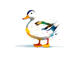 The painting of colorful ducks, domestic ducks, and wild ducks on a splashing white background

