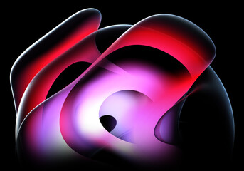 3d render abstract art of surreal part 3d ball or sphere in curve wavy round and spherical lines forms in transparent plastic material with glowing purple pink and white color core on black background
