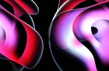 3d render abstract art of surreal 3d background in curve wavy round and spherical lines forms in transparent plastic material with glowing purple pink and white color core on black background