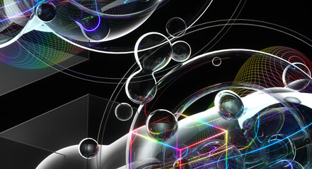 3d render of abstract art background with surreal composition with flying spheres bubbles rings tours cubes in translucent plastic material and neon glowing laser curve wavy lines around on black 