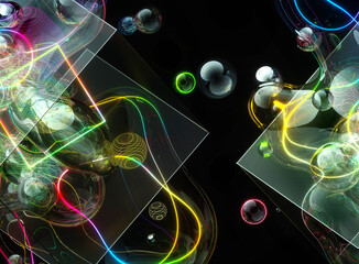 3d render of abstract art background with surreal composition with flying spheres bubbles rings tours cubes in translucent plastic material and neon glowing laser curve wavy lines around on black 