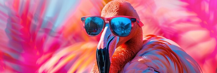 Stylish Flamingo with Trendy Sunglasses on pink background, banner with copyspace