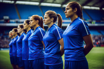 A pre-match line up of womens soccer football players waiting in the build up before a game as the national anthems are played and the match tension builds before tournament cup league blue kit - obrazy, fototapety, plakaty