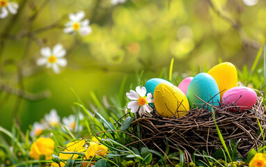 Obraz premium Easter eggs in a bird's nest in the woods,created with Generative AI tecnology.