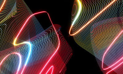 3d render abstract art 3d background texture with part of surreal deformed plasma cubical forms in curve wavy parallel round neon glowing laser energy lines in rainbow gradient color on black