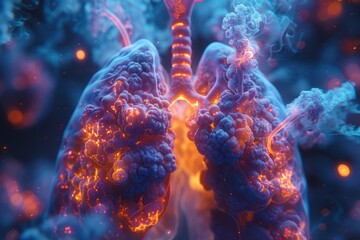 An artistic 3D visualization of a tumor in the lungs' bronchial passages, illustrating the challenges of lung tumors - obrazy, fototapety, plakaty