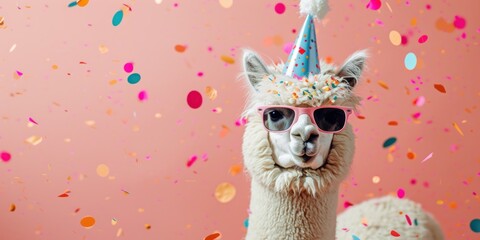Naklejka premium An alpaca adorned with a party hat and sunglasses stands against a pink background scattered with festive confetti.