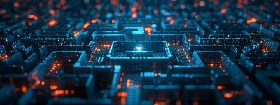 An intricate maze with a digital key at its center, representing the challenge of cybersecurity solved by GenAI, with space around for text.