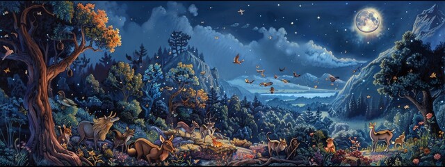 An orchestra of animals playing instruments in a moonlit glen.