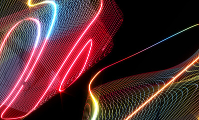 3d render abstract art 3d background texture with part of surreal deformed plasma cubical forms in curve wavy parallel round neon glowing laser energy lines in rainbow gradient color on black