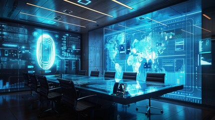 An ultra-modern meeting room with transparent digital screens displaying secure, passwordless authentication methods like facial recognition and fingerprints, focusing on enhanced mobile security. - obrazy, fototapety, plakaty