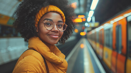 Beautiful fashionable black woman standing at a subway train station. She is happy and talking to someone on her smart phone.generative ai - obrazy, fototapety, plakaty