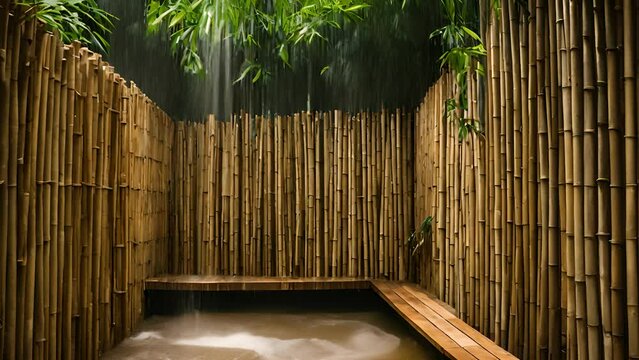 Bamboo forest with bench and water