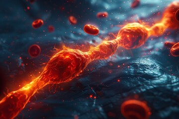 An artistic 3D visualization of blood vessel cells interacting with oxygenated blood, depicting cellular activity in the vascula - obrazy, fototapety, plakaty