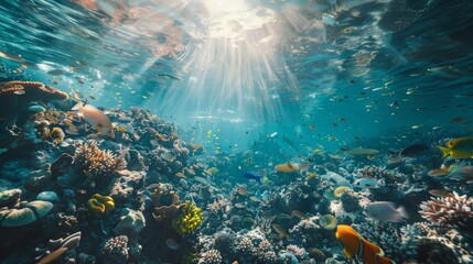 An underwater scene highlighting the beauty of the ocean's biodiversity with coral reefs, marine life, and a group of divers removing plastic waste, showcasing the efforts in ocean preservation.
