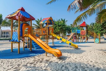 Children's playground on a sandy beach with colorful slides and palm trees.