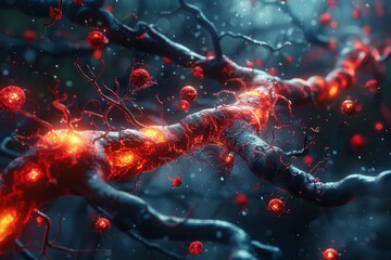 An artistic 3D visualization of blood vessel cells interacting with oxygenated blood, depicting cellular activity in the vascula - obrazy, fototapety, plakaty