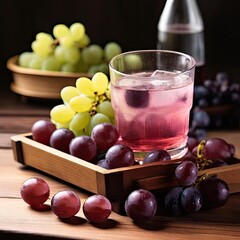 Iced Bayberry Lemon Juice, ice cube, grape wine, grapes IN WOODEN TRAY