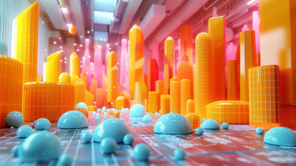 Obraz premium an architecual style drawing of a financial results graph with an upward trend layered on top of a data set in 3D space,generative ai
