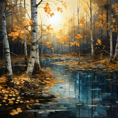 an oil painting of a river and birch trees , in the style of nature, embossed gold leaf, relistic image, yellow and aquamarine.