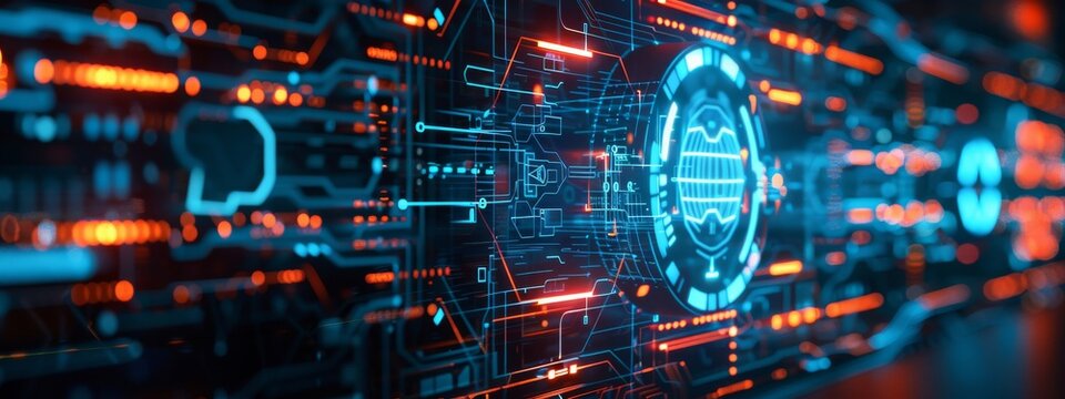 Animated indicators of cybersecurity health status, from critical to secure, with designated text areas for detailed explanation.