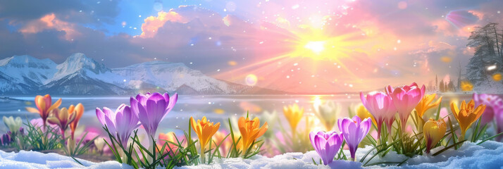 Fototapeta na wymiar purple, pink, and yellow flowers on snowy landscape, winter flower themes, banner
