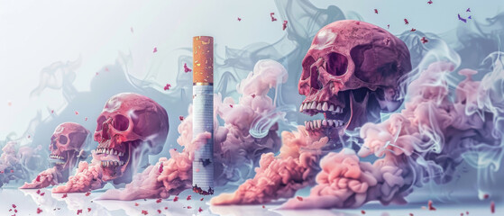 A conceptual image depicting cigarettes among skulls shrouded in pink smoke, symbolizing health risks.