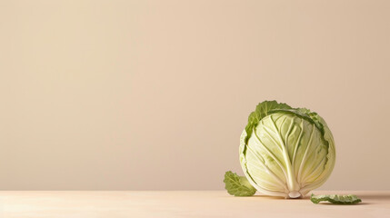 Whole fresh cabbage on a soft beige background with shadows. - obrazy, fototapety, plakaty