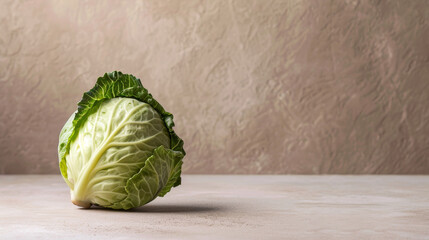 Whole fresh cabbage on a textured backgroundwith shadows. - obrazy, fototapety, plakaty