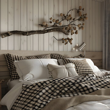 Rustic wooden branch wall decor over bed with white pillos and beige plaid. Farmhouse, country interior design of modern bedroom. 3d render.