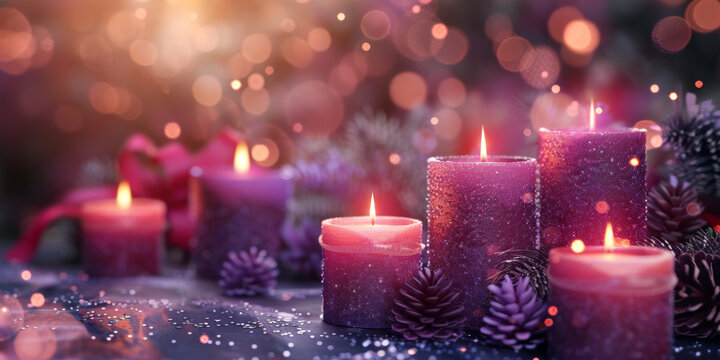 purple candles with sparkles on dark blur background, banner