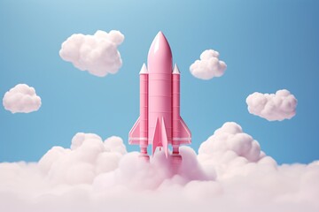 a pink rocket in the clouds - obrazy, fototapety, plakaty