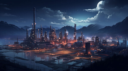 A sprawling industrial complex at night with vibrant city lights in the background.